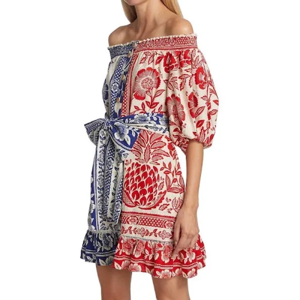 FARM Rio Mixed Pineapple Garden Off the Shoulder Mini Dress Red & Blue Medium